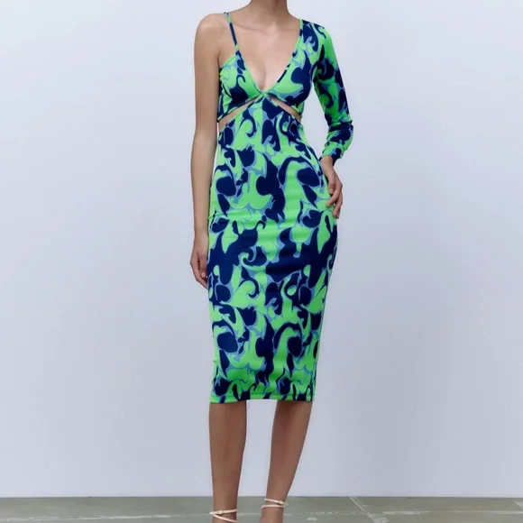 Zara | Dresses | Nwt Zara Cut Out Jacquard Dress Green Blue M | Poshmark